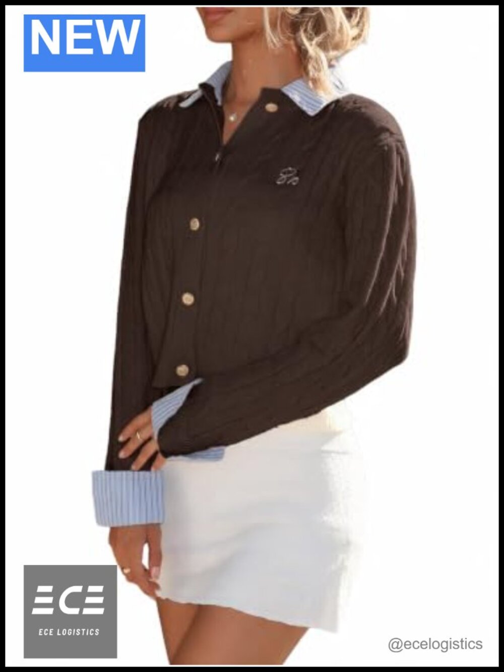 Womens Collared 2 in 1 Cable Knit Button Front Cardigan Sweater